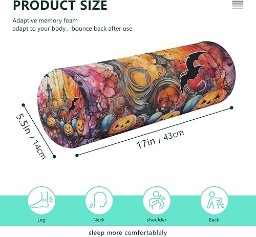 Miniatura 2 de JUNZAN Happy Halloween Watercolor Pumpkin Bat Yoga Meditation Bolster Pillow Down Neck Roll Pillow Round Pillow Insert for Lower Back Support