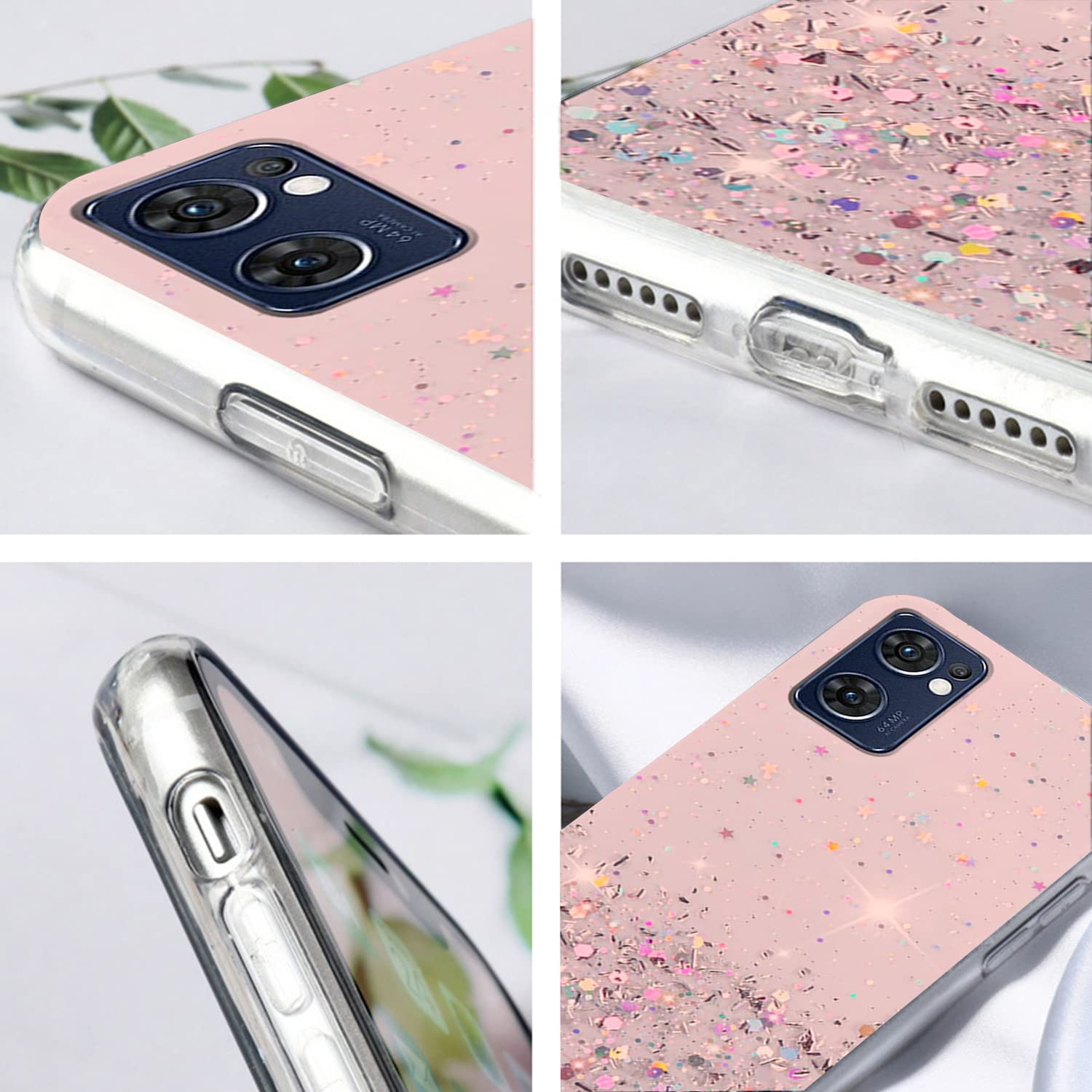 Custodia OPPO Find X5 Lite Glitter Trasparente Con Glitter Rosa, Silicone TPU Morbido E Sottile, Antiurto - 3