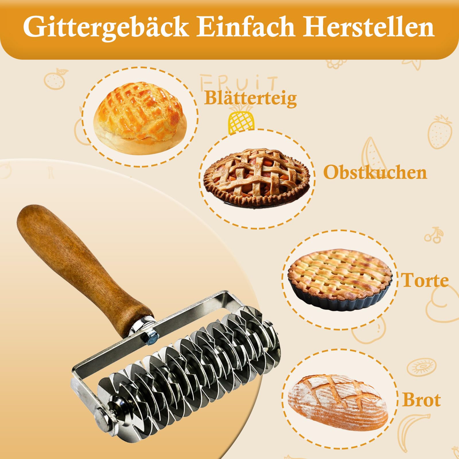 Qivine Gitterroller Teig, Gitterwalze Teigschneider Edelstahl mit Holzgriff, Kuchen Gitterschneider Nudelschneider für Pizza, Pastry, Brot