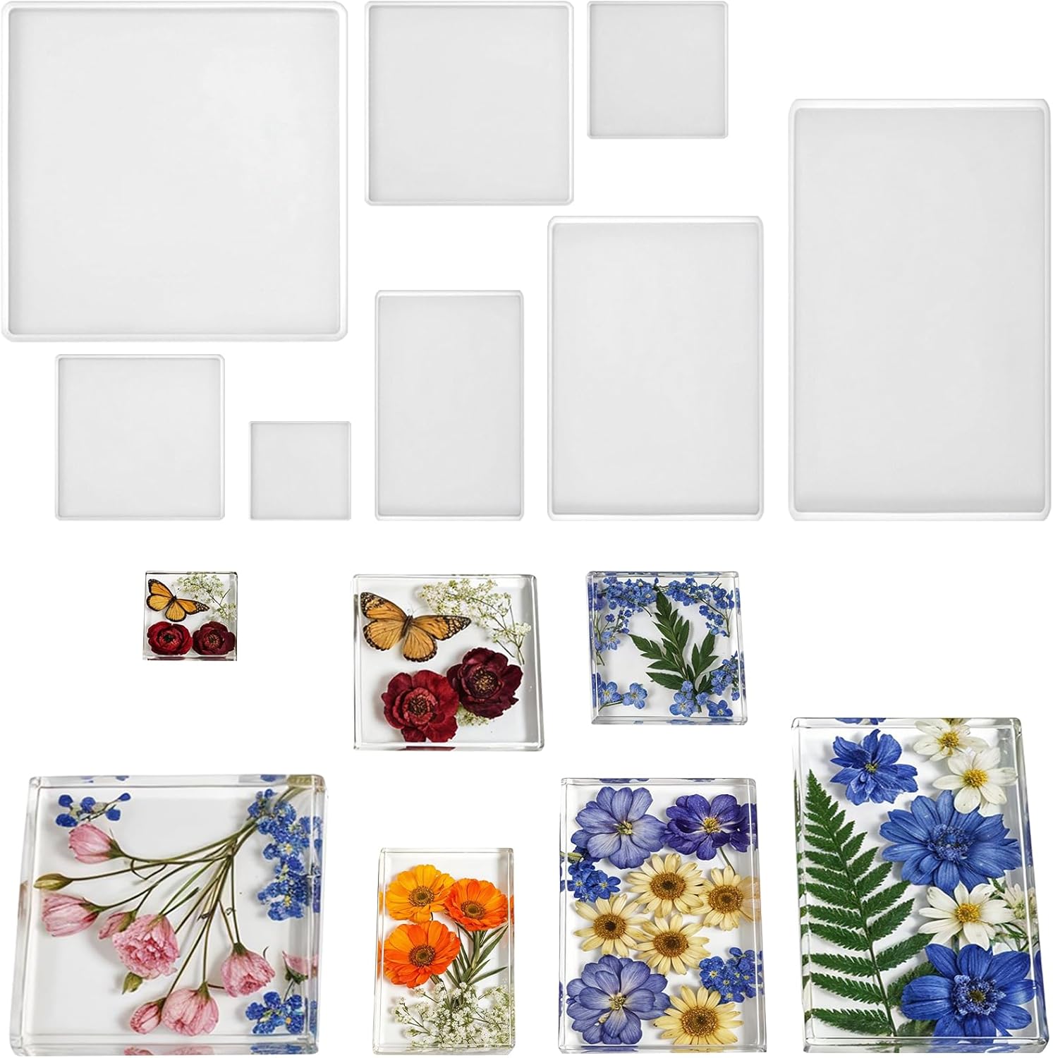 8 Sizes Epoxy Resin Silicone Molds Kit, Square Rectangular Resin Art Display Mold, Soft and Easy to Unmold, Silicone Resins Casting Molds, for Soap, Candles, Specimen, Dried Flower, DIY Handicrafts