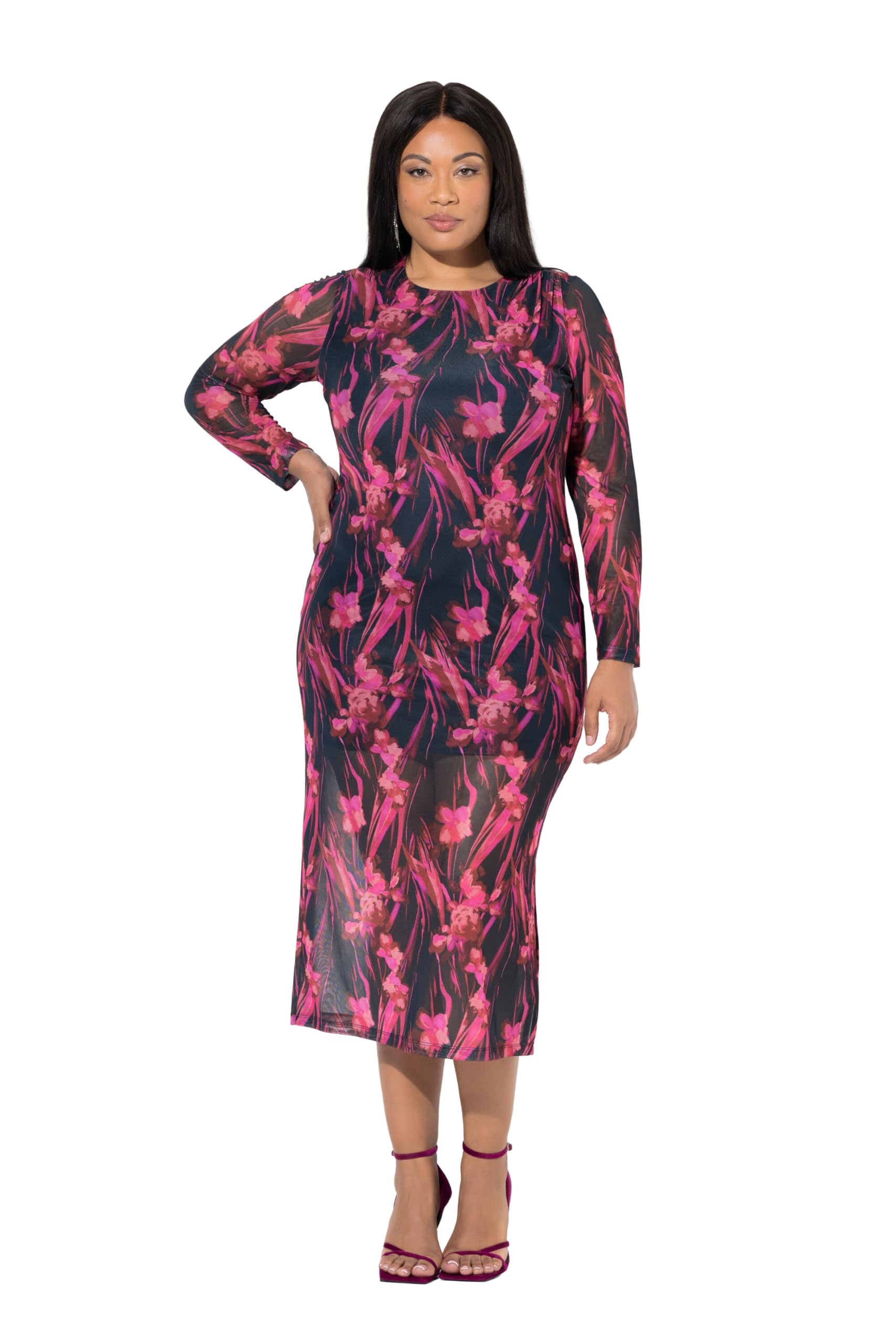 Ulla Popken Damen große Größen Übergrößen Plus Size Mesh-Maxikleid, Raffung, Rundhals, Langarm 847421