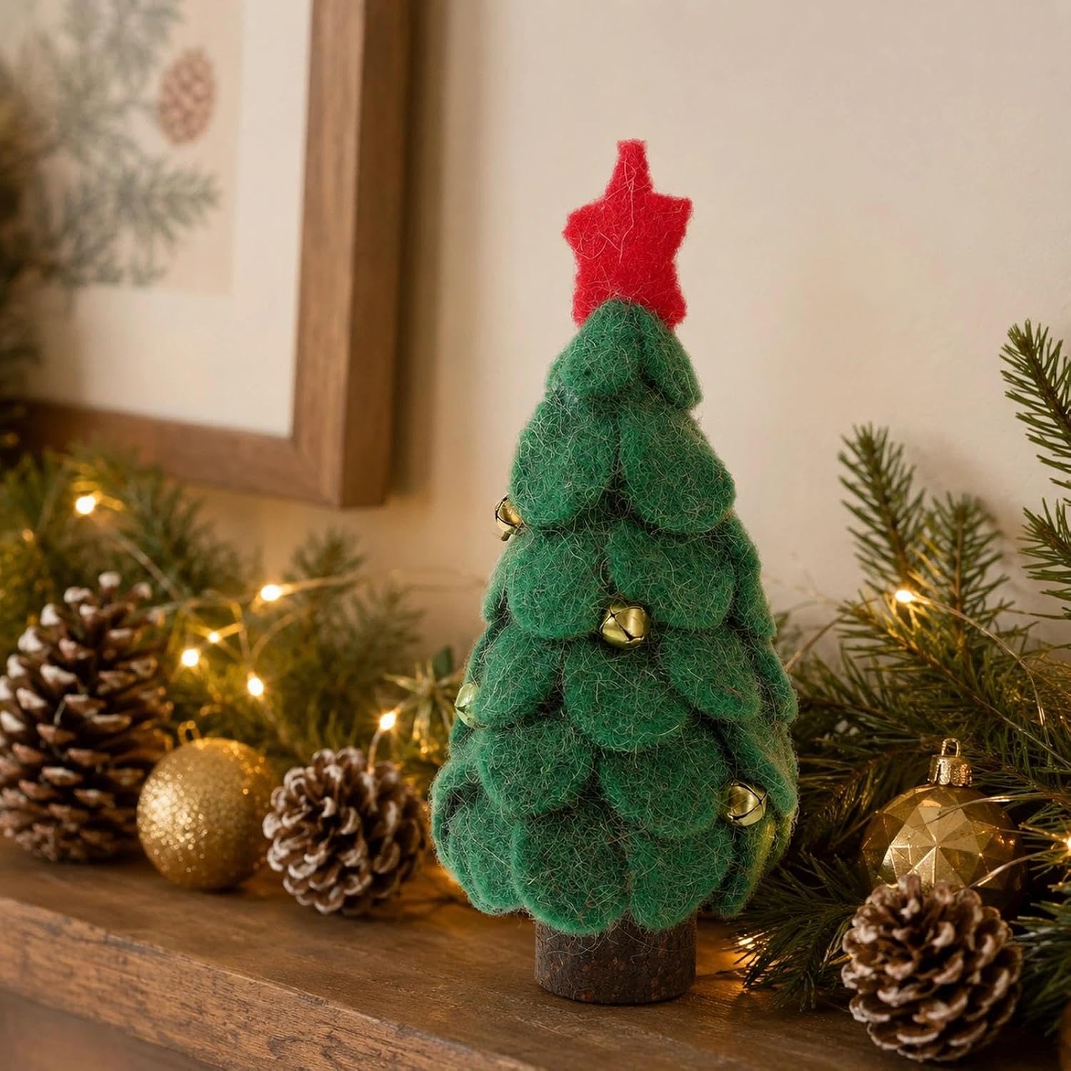 LOGOFUN Mini Christmas Tree Figurine with Bell Green | Woolen Felt Material; For Xmas Winter Party Tabletop Decoration