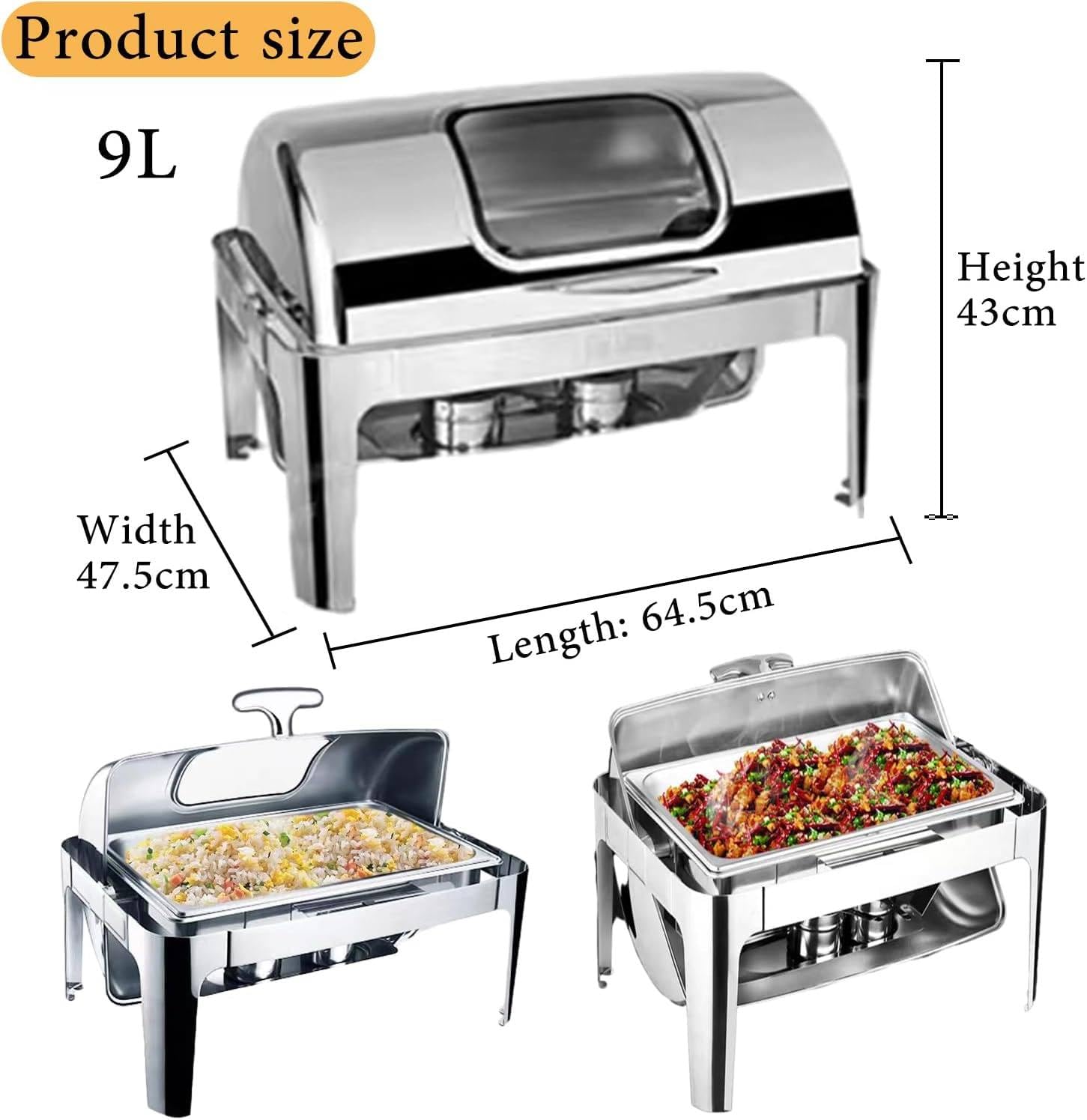Chafing Dish Buffet-Set, 9 l, Speisenwärmer-Set mit sichtbarem Rolldeckel, Essenstablett, Brennstoffregal für Hochzeiten, Partys, Bankette, Essen (Pfanne in voller Größe),Steel-1