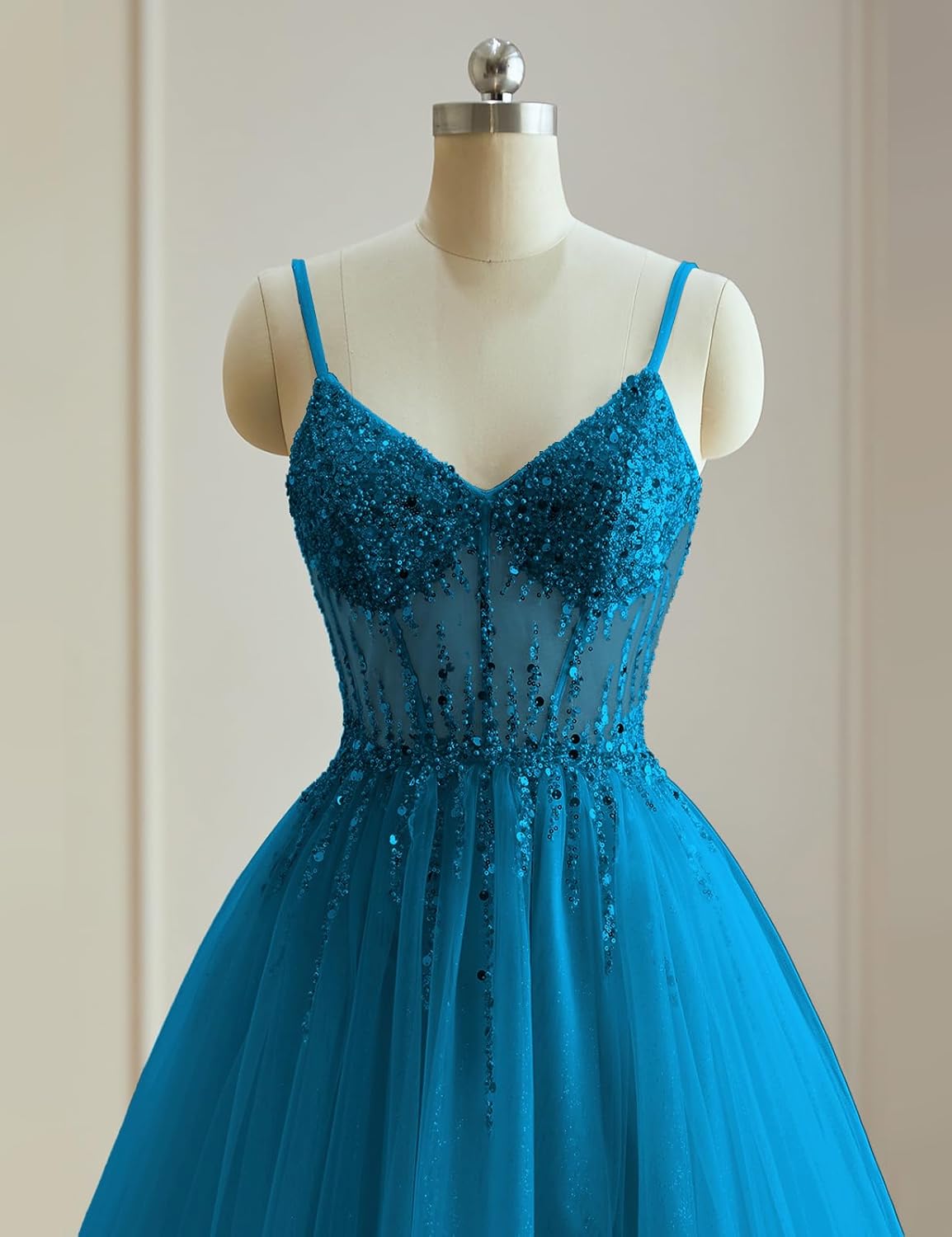 ForElise Tulle Prom Dresses for Women 2026 Spaghetti Straps Beaded Long Ball Gown with Slit - Image 4