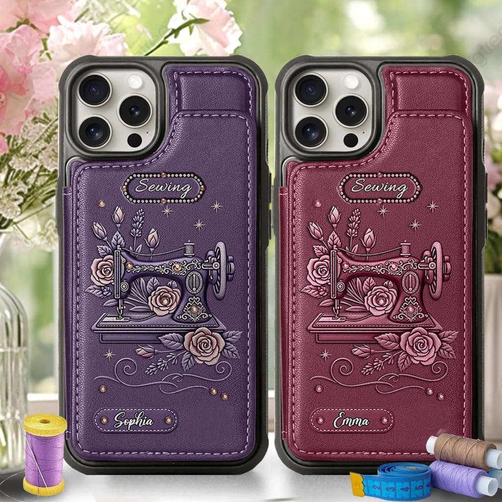 Love Sewing - Personalized Sewing Wallet Phone Case Gift for iPhone 11 12 13 14 15 16 Pro Max, for Samsung Galaxy Note 20 S10E S20 S21 S22 S24 S25 Plus Multicolor
