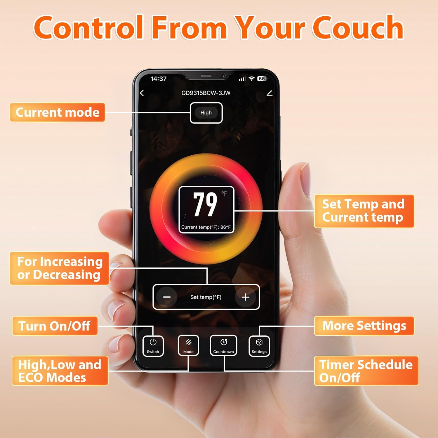 LifePlus Infrared Heater control options: App Control, Touch Panel, and Remote Control.