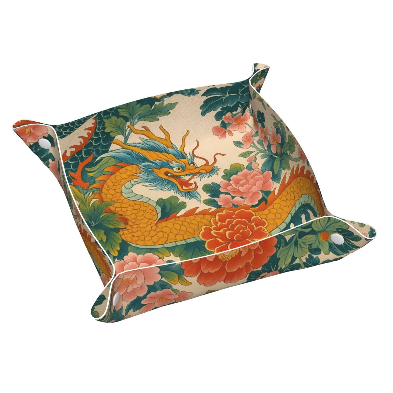 HLBSDM Chinoiserie Majestic Golden Dragon in Flowers Tray Men's Leather Valet Parking Portable Entrance Trays Bedside Storage Box