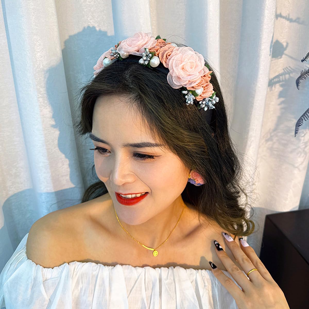 Flower Crown Headband Pearl Rose Flower Headbands for Women Pink Mesh Fabric Hair Band Pink 16116, Pink A - Image 4
