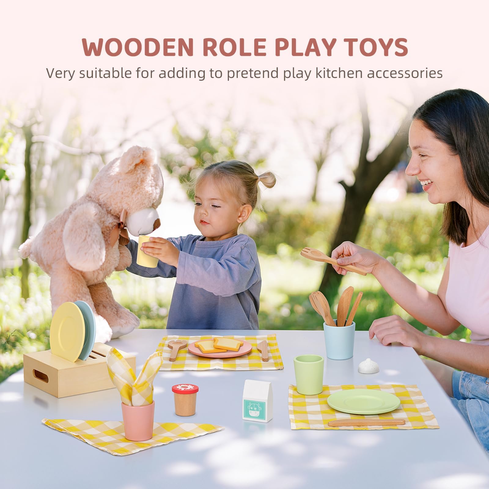 OOOK Wooden Play Dishes and Plates for Kids Kitchen Set 25 PCS Wooden Play Kitchen Accessories - Image 3