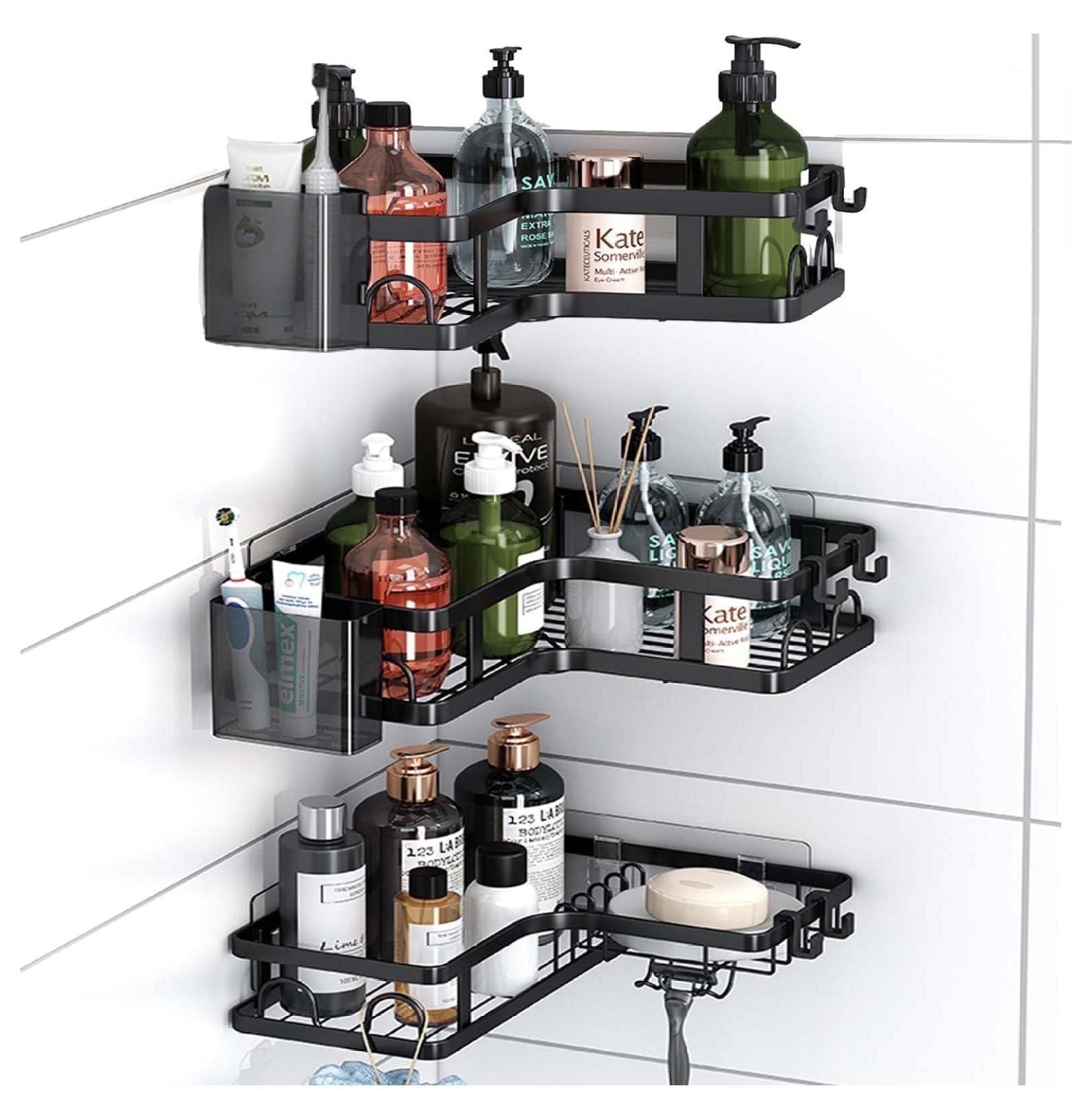Corner Shower Caddy 5-Tier No Drill Stainless Steel Bathroom Organizer with Toothpaste Holder - Black