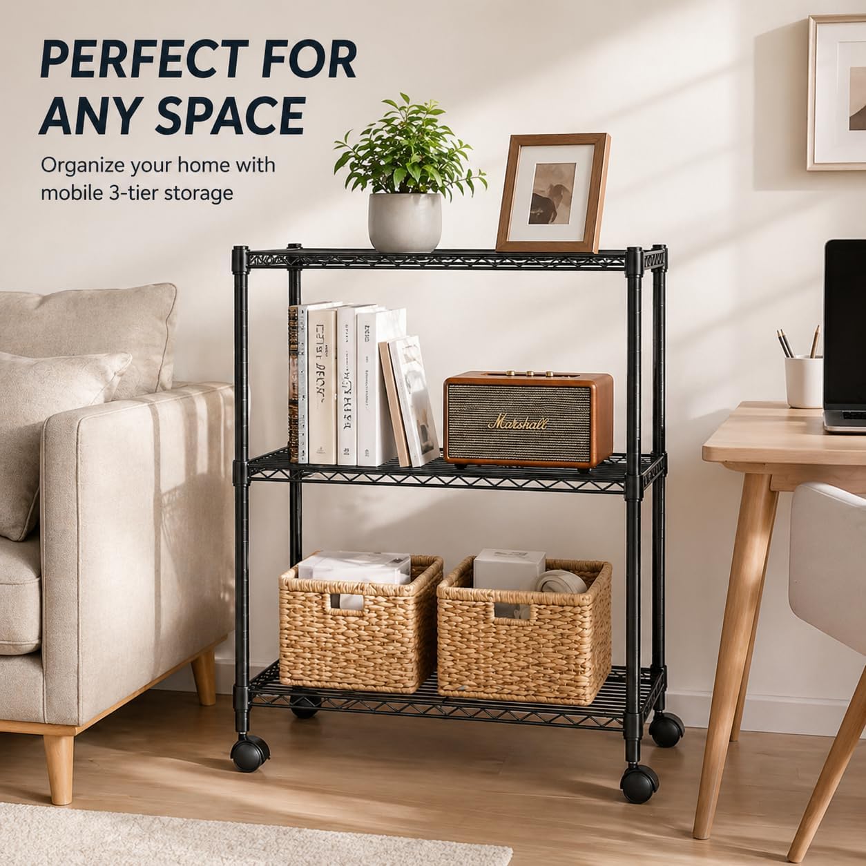 Simple Deluxe 3-Tier Heavy Duty Adjustable Storage Shelf with Wheels, 23.23”W x 13.39”D x 30.31”H, Mobile or Stationary Metal Shelving Unit, Easy Assembly for Kitchen, Pantry, Laundry Room, Black