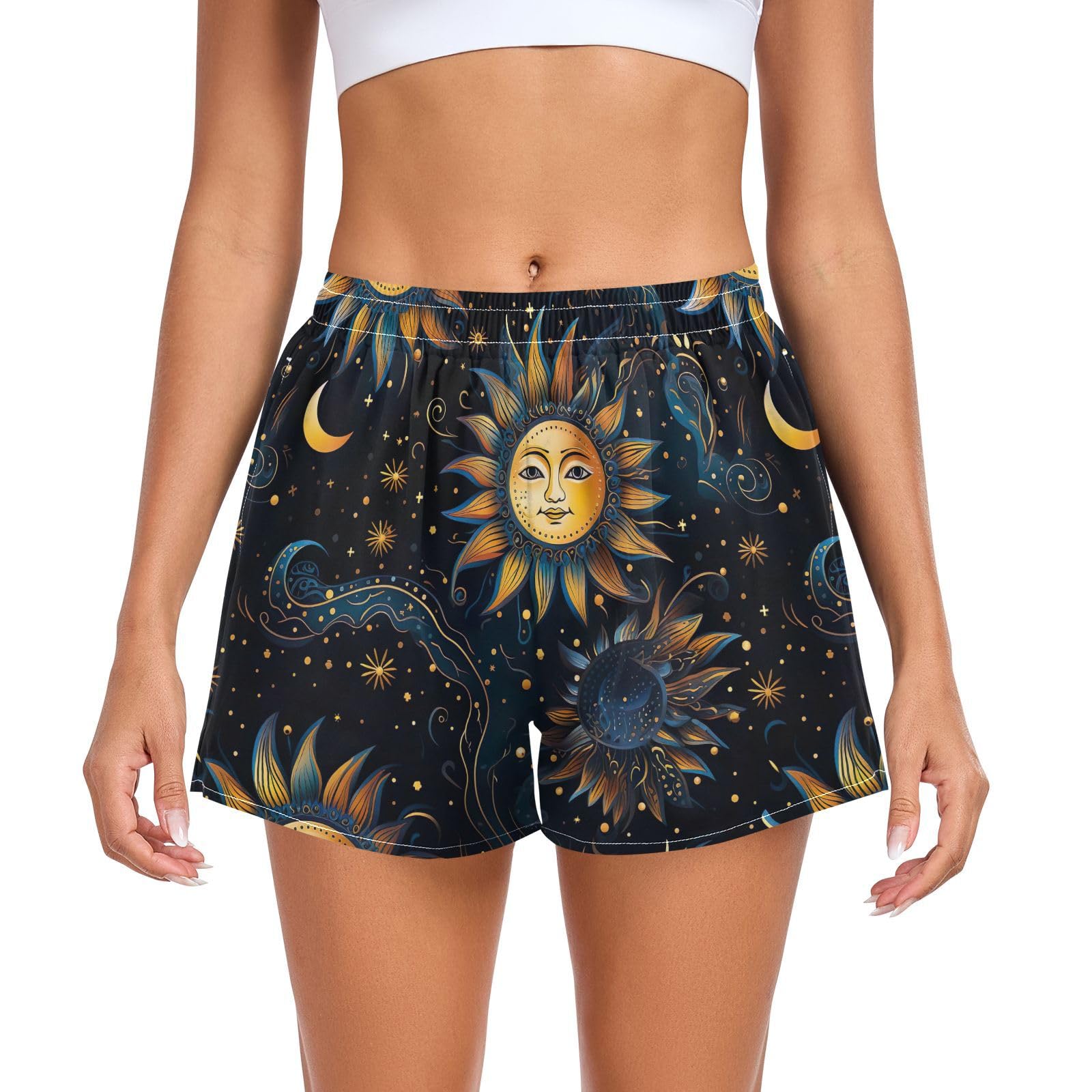 UMIRIKO Sun Moon Boho Mandala Women's Running Shorts with Pockets Sporty Workout Quick Dry Athletic Shorts L 202a4960