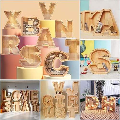 Miniatura 8 de Alcancía de Letras de Madera, Alcancía para Niños y Niñas Pequeños, Grande, 26 Letras del Alfabeto, Alcancía de Dinero Personalizada con Nombre