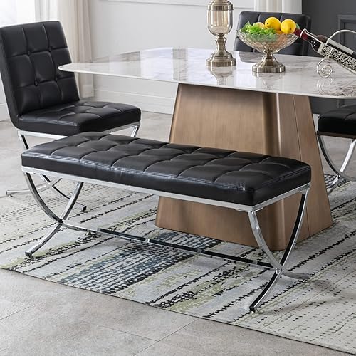 Miniatura 19 de LukeAlon Moderno banco de comedor de piel sintética, banco otomano con botones copetudos con acabado cromado en forma de X, banco tapizado para el