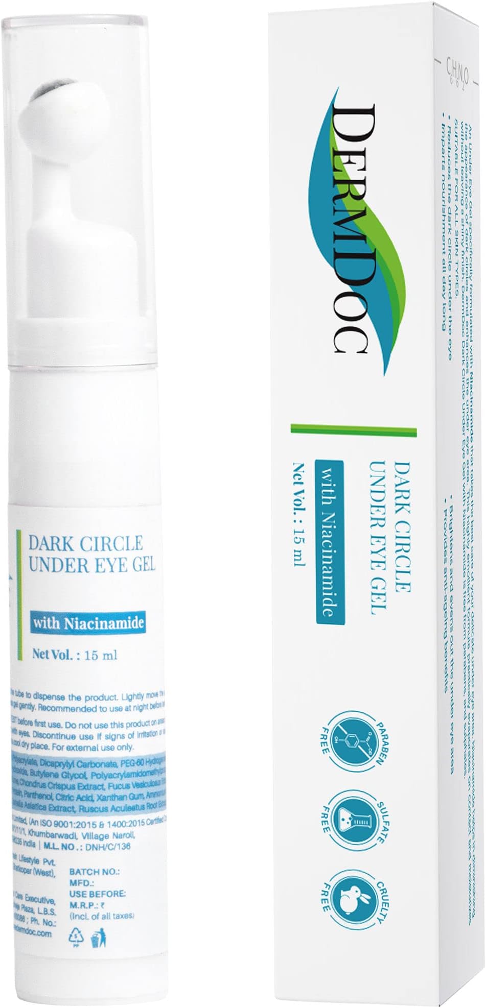 DermDoc Under Eye Roll On for Dark Circle with Niacinamide, 15 ml | Lightweight, Absorbs Quickly, Reduces Appearance of Dark Circles, Soothes Puffy Under Eyes | For All Skin Types