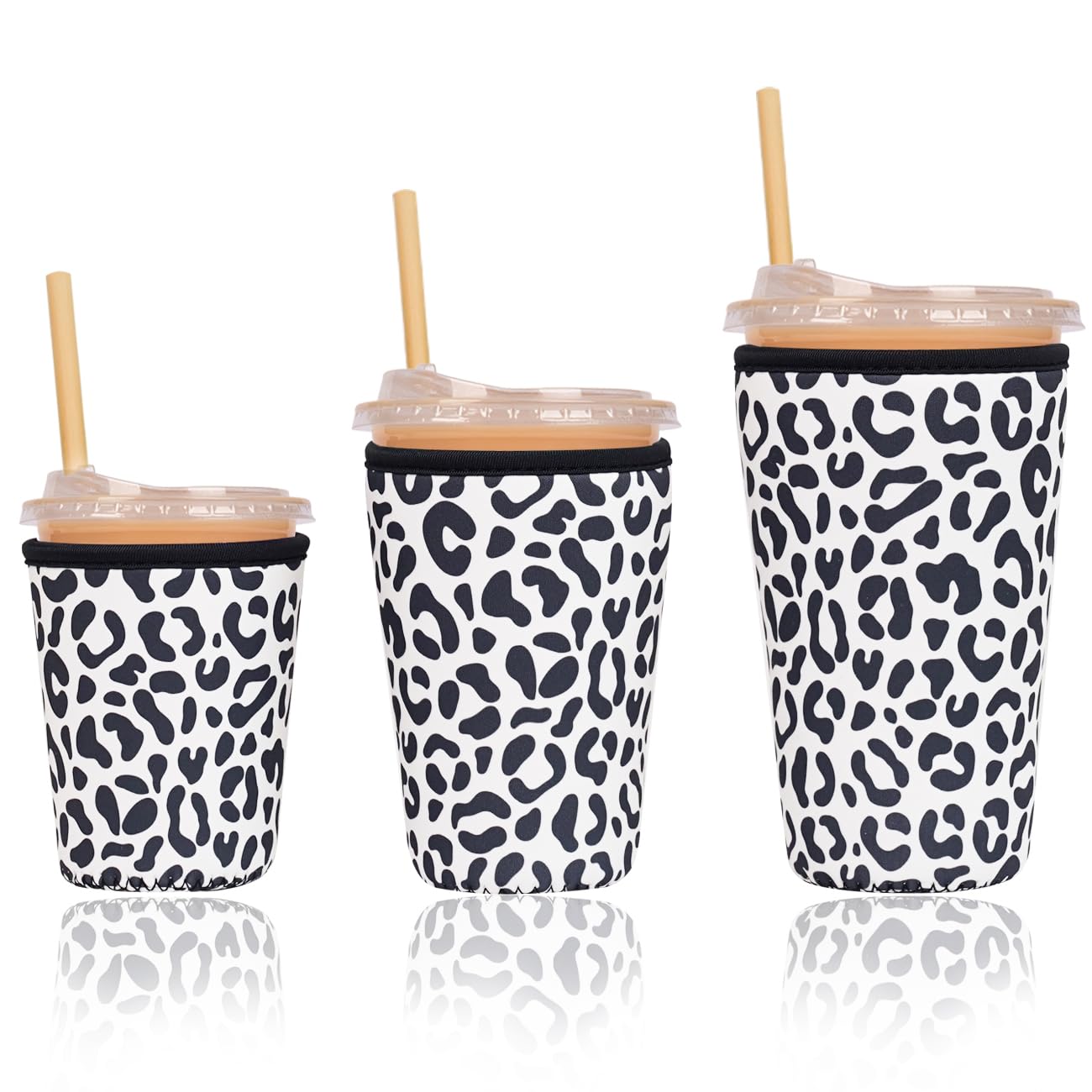 Reusable Insulated Sleeve for Iced Coffee Cup, 3-Pack Coffee Neoprene Drink Sleeve for Cold &amp; Hot Drinks, Beverage Holder for Iced Coffee (Leopard Chic)