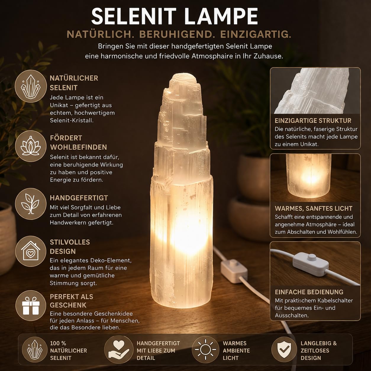 Selenitkristalllampe – Selenitberg-Turmlampe in 5 verschiedenen Größen – 25 cm großer, natürlich geformter Selenitkristallturm für metaphysische Reinigung, Heilung, Meditation und dekoration