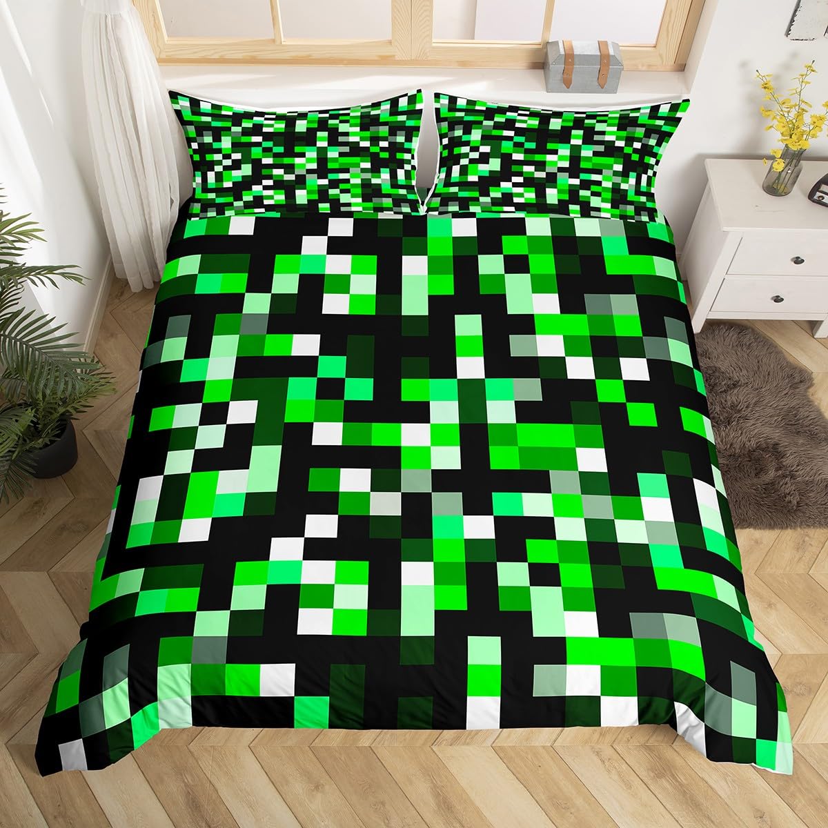 Green Pixelated Duvet Cover Set Super King Size,Miners Building Bedding Sets 3Pcs for Kids Girls Boys Adult Room Decor,Video Games Comforter Cover Modern Geometric Quilt Cover,2 Pillowcases