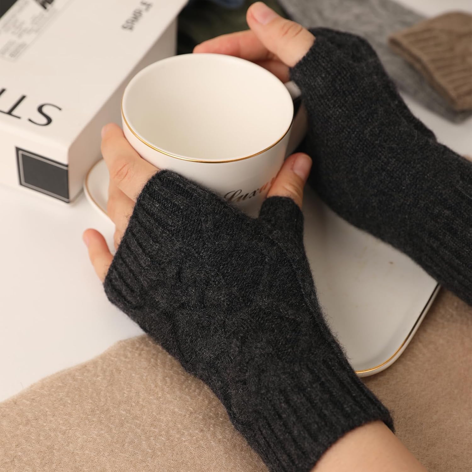 100% Cashmere Fingerless Gloves for Women, One Size Ladies Knitted Mittens, Winter Warm & Soft Gloves with Gift Box
