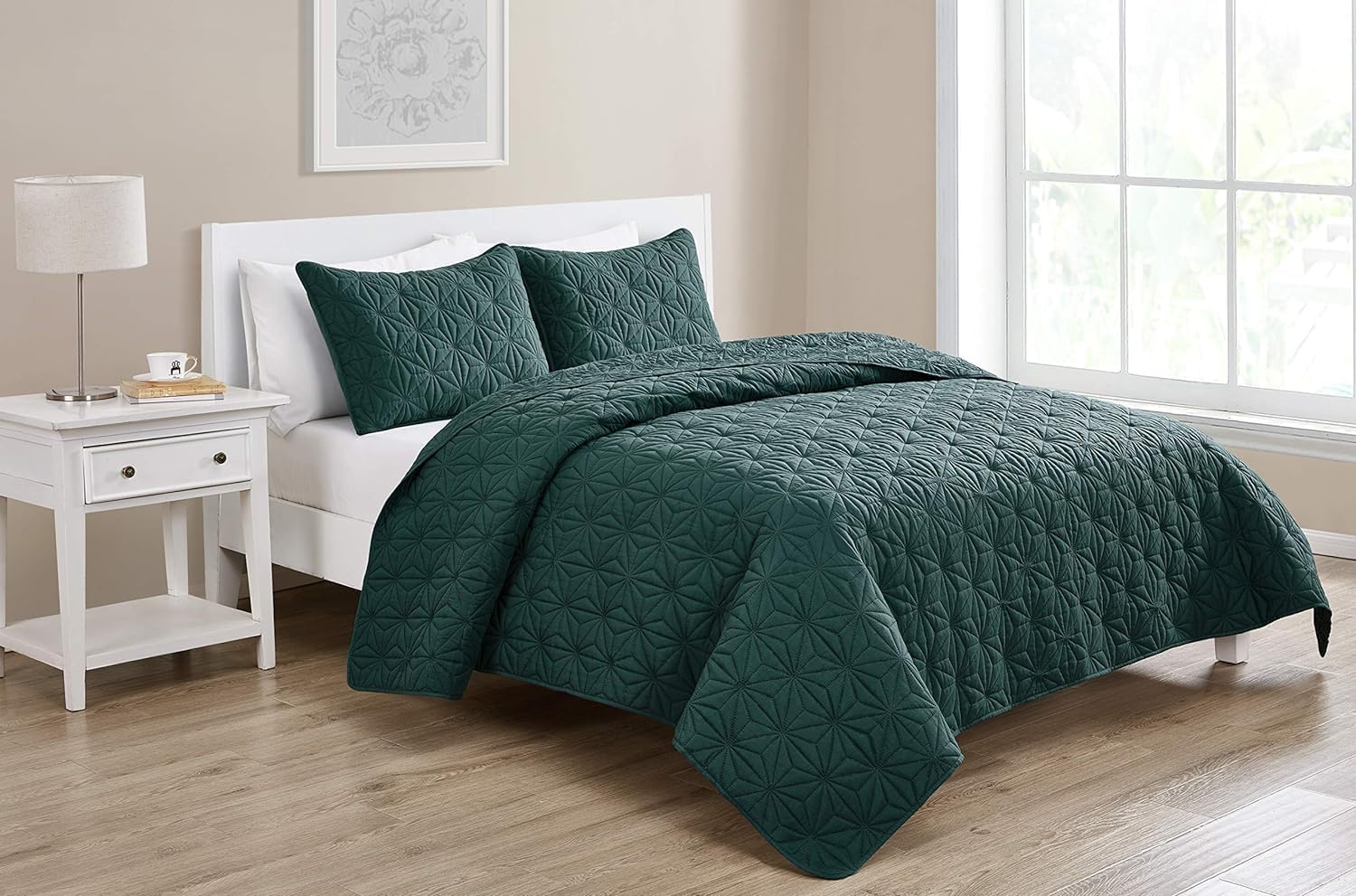 Full Green Microfiber Reversible Geometric Quilt Set
