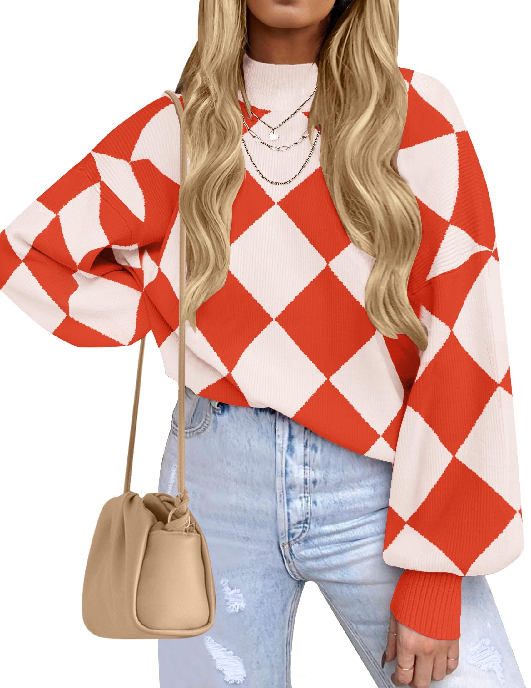 ZESICA Women's 2026 Fall Striped Pullover Sweaters Tops Fashion Outfits | Checkered, Mock Neck, Oversized, Trendy Casual Loose Fit, Cute, Chunky Cozy Holiday Winter Clothes