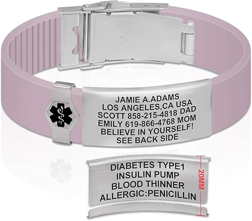 Divoti Pulsera de identificación de alerta médica de silicona grabada de doble cara personalizada con cierre de seguridad y banda de ajuste para