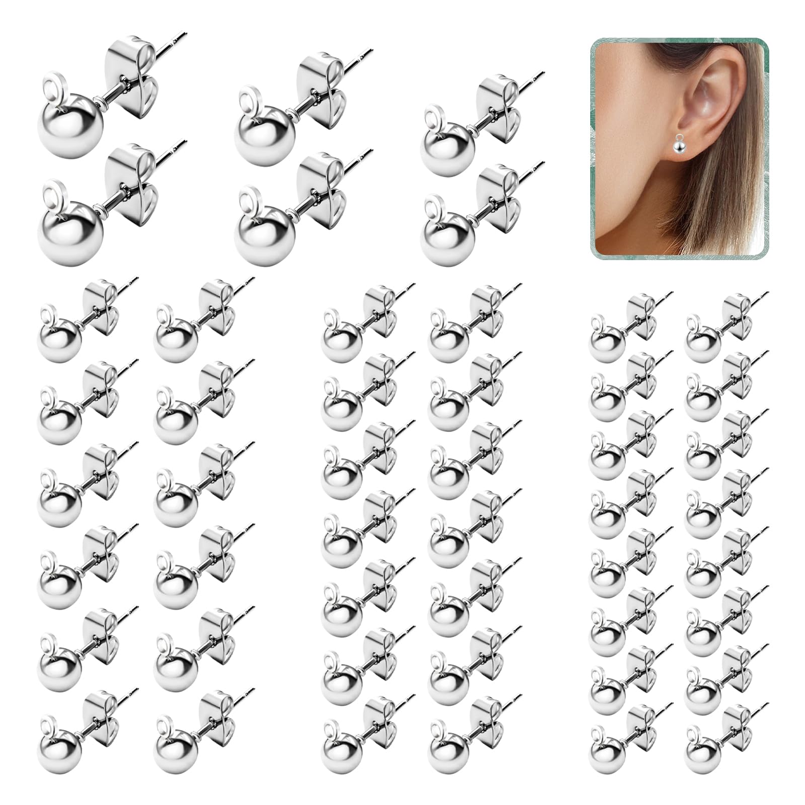 SPEESJOY 120Pcs Ball Earring Posts for Jewelry Making with 120 Pcs Butterfly Ear Back, Ball Earring Studs with Loop for DIY Jewelry Making Findings, 4 mm 5 mm 6 mm (Silver)