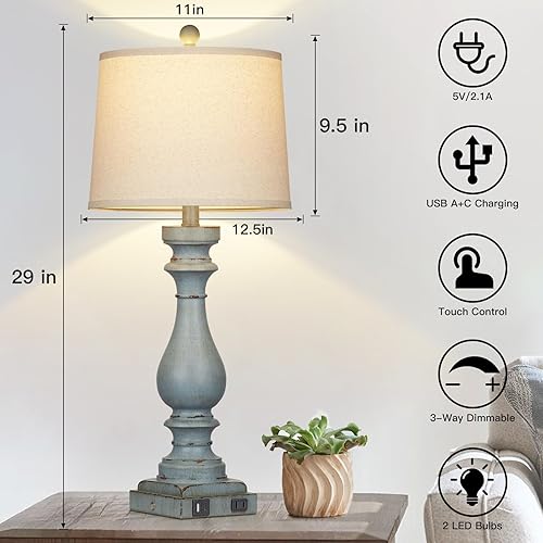 Miniatura 2 de Juego de 2 lámparas de mesa de 29 pulgadas de alto para sala de estar, lámparas de mesita de noche costeras con puertos USB C+A y salida de CA,