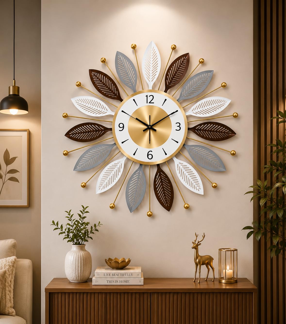URBAN INSPIRATIONS Modern Metal Wall Clock for Living Room | Premium Sunburst Leaf Decorative Wall Clock | Silent Quartz Iron Wall Clock for Home, Bedroom, Hall & Office | White Brown Gold | 52 CM-image-27