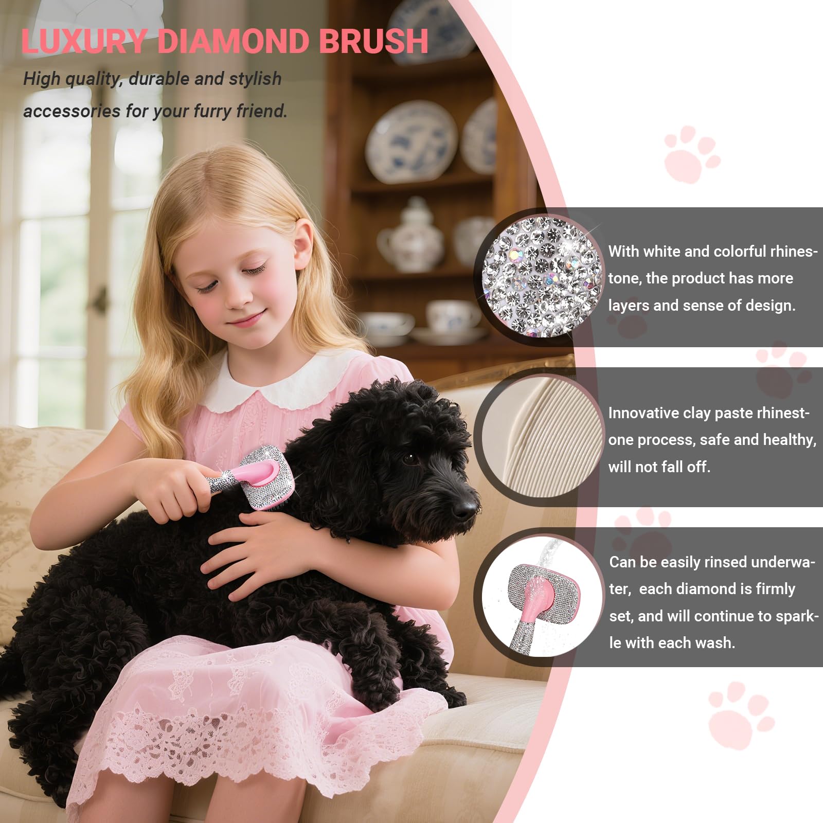 WOOFUU Pet Grooming Brush with Ceramic Clay Craft & Diamond Embedded Design, Washable - Image 4