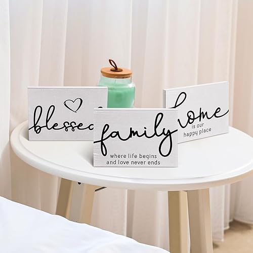 Miniatura 23 de Jetec 3 letreros de madera rústica con texto en inglés "Family Home Blessed", mini letrero decorativo de madera para decoración de mesa de granja