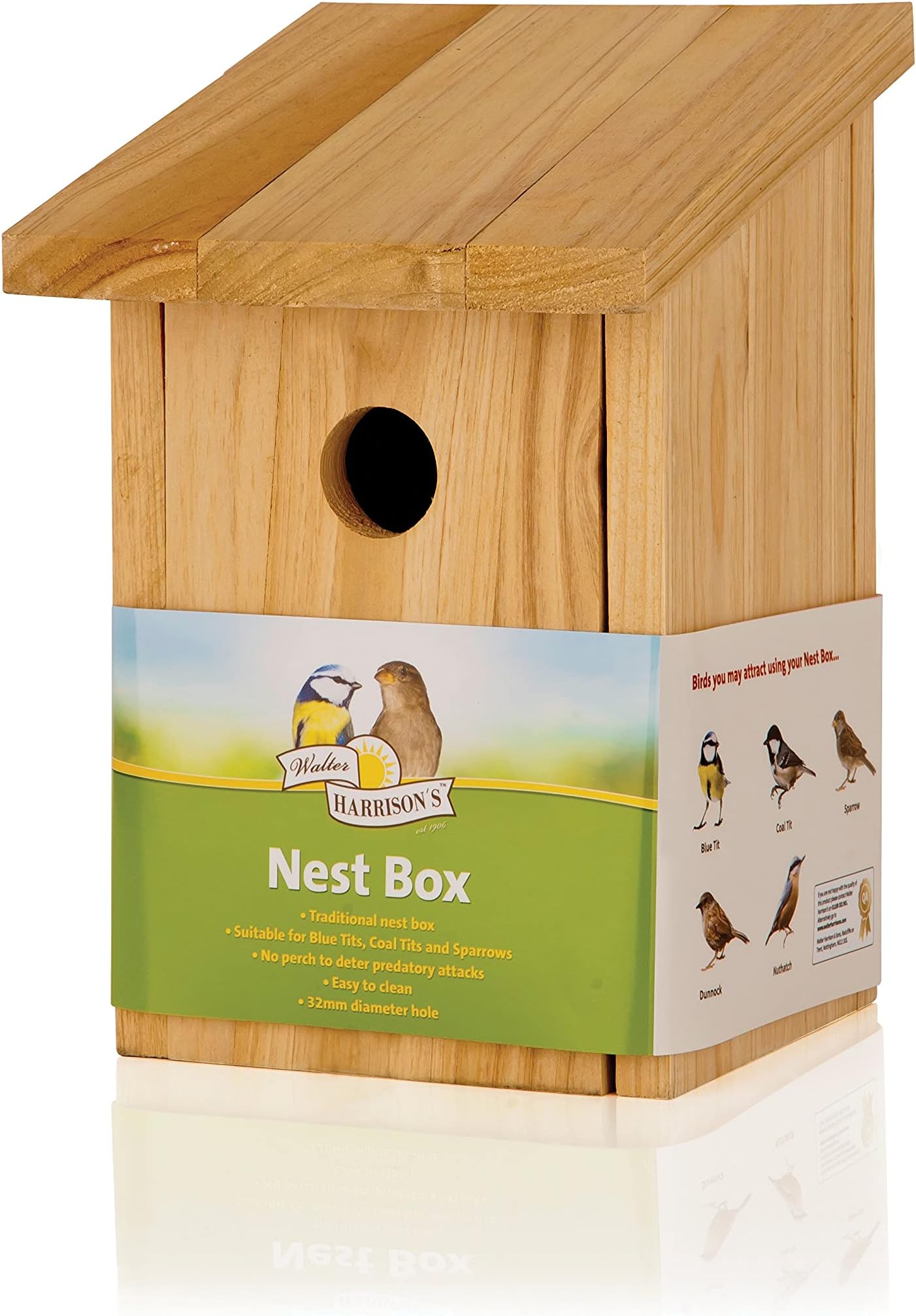Walter Harrison's Wooden Wild Bird House Garden Nest Box Standard Front Opening - 32mm Hole