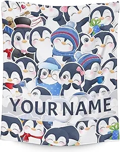 Custom Penguin Blankets with Name - Soft Warm Blanket Throw for Kids, Adults - 40"x50" Flannel Blankets for Couch, Sofa - Blue Cute Blanket Gifts