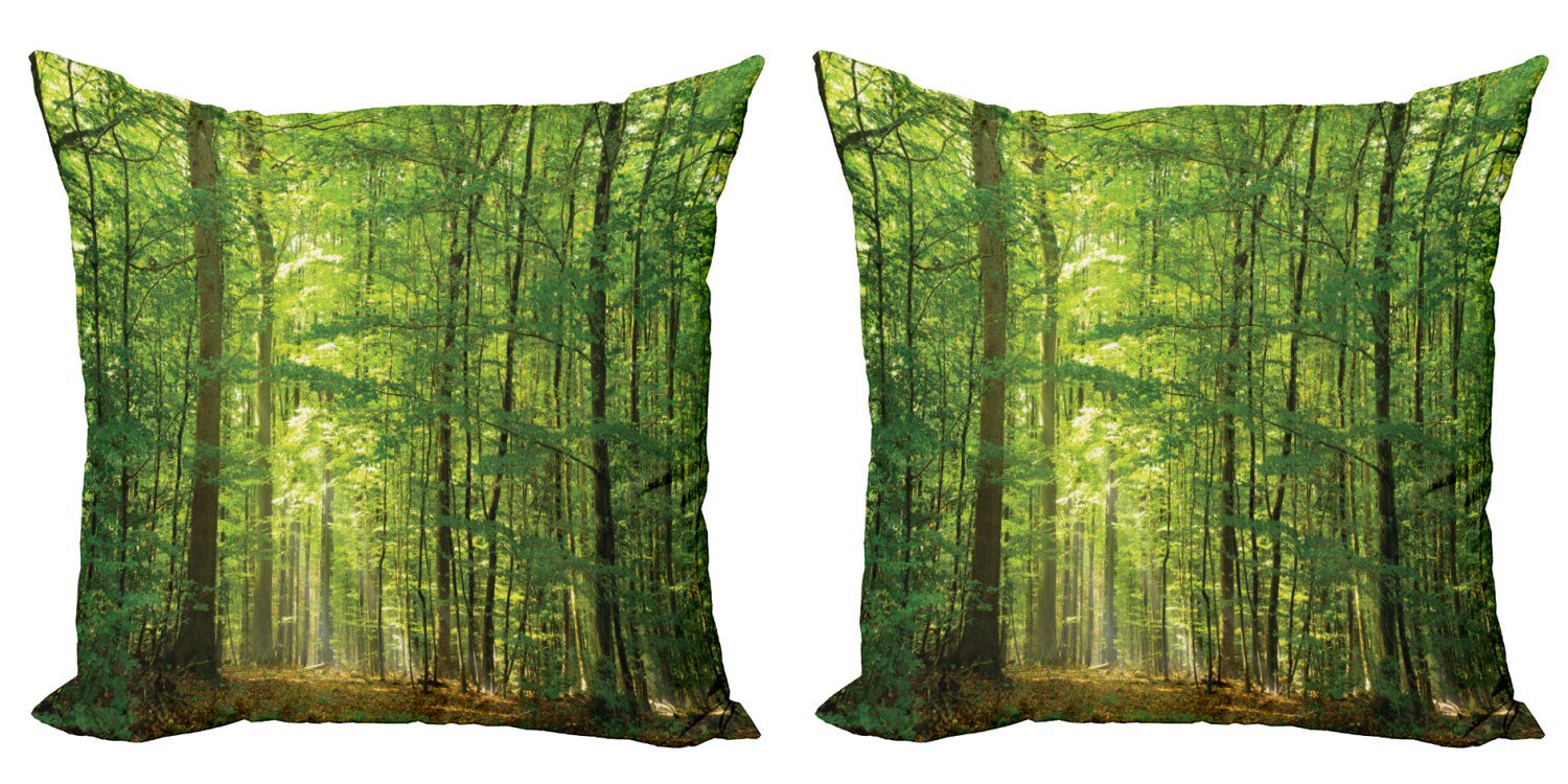 ABAKUHAUS Bosco Federe Cuscino Set 2 Pezzi 45x45 Cm - Stampa Foresta Fogliame Verde - Fronte Retro - Microfibra Morbida
