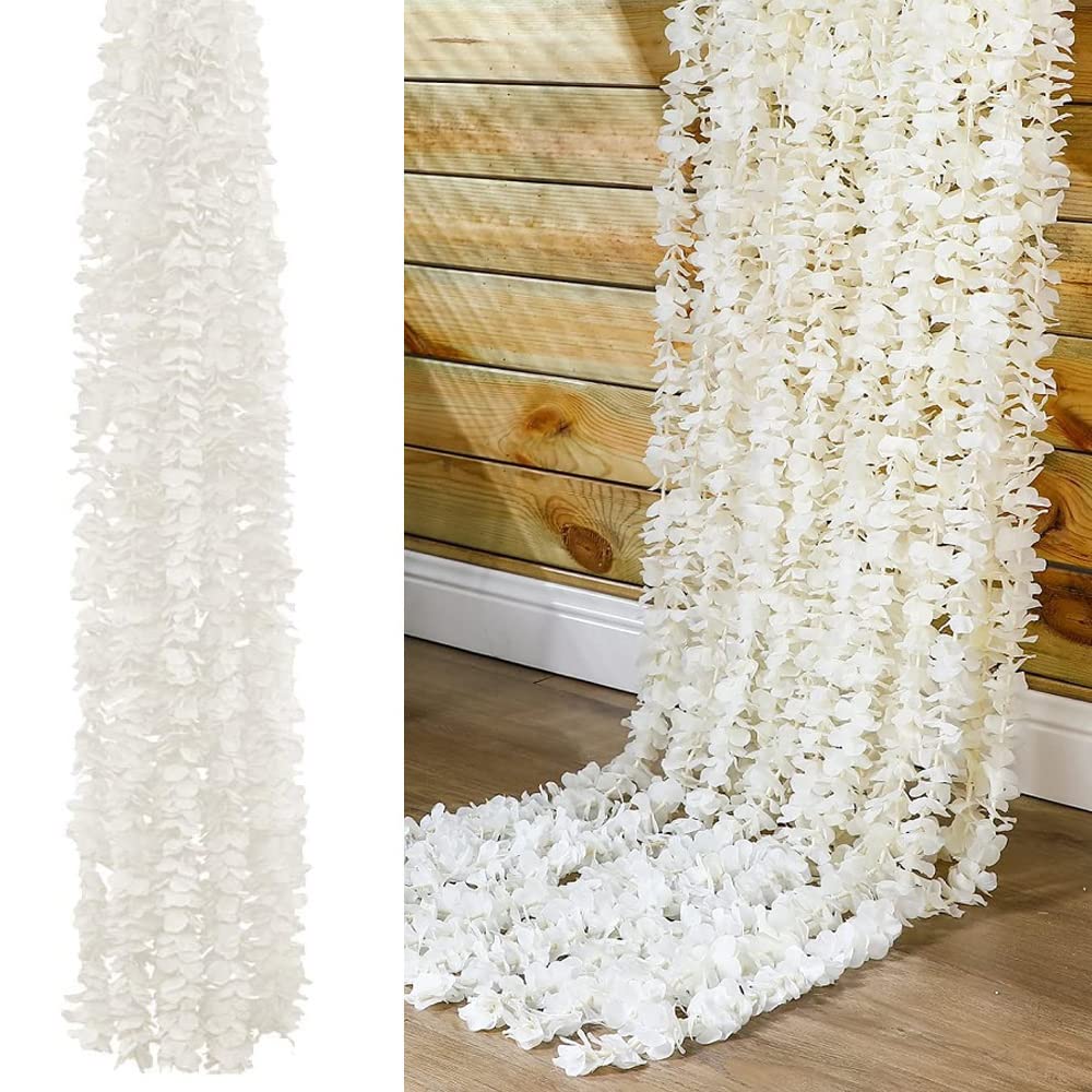 XAVSWRDE 10 PCS Artificial Flowers Hanging Garlands Silk Wisteria Vines, Total 33Ft Hydrangea Flower Garlands Fake Flower Vine Ratta Decorations for Wedding Party Home Office Garden Wall Decor (White)