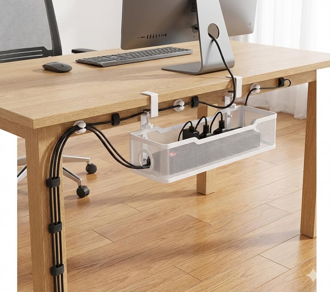 Organizador Cables Escritorio Bajo Mesa – Bandeja Organizadora de Cables Metálica sin Taladro para Regletas y Cargadores – Soporte Cable Management Oficina y Home Office (Negro)