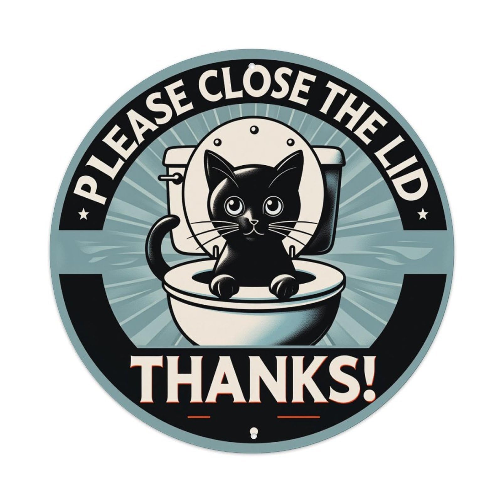 Black Cat Sitting On Toilet With Lid Open Metal Tin Sign Plaque