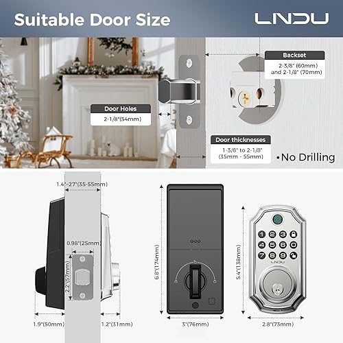 Miniatura 6 de LNDU Cerradura de puerta inteligente con teclado de huellas dactilares con control de aplicación, cerrojo inteligente con código 100, contraseña
