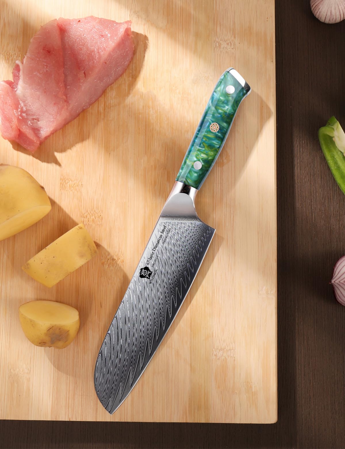 WILDMOK Cuchillo de chef japonés 17,8 cm, Santoku de acero Damasco VG10, cortador de cocina de carne con mango ergonómico de seda completa