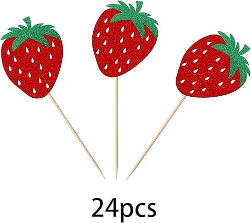 Miniatura 3 de Paquete de 24 adornos para cupcakes de fresa, con purpurina, para cumpleaños, para frutas, baby shower, niños, cumpleaños, verano, bayas, cupcakes,