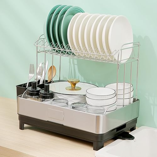 Miniatura 3 de supernal Escurridor de platos de 2 niveles de capacidad extra grande para encimera de cocina, escurridor de platos y escurridor, juego de escurridor