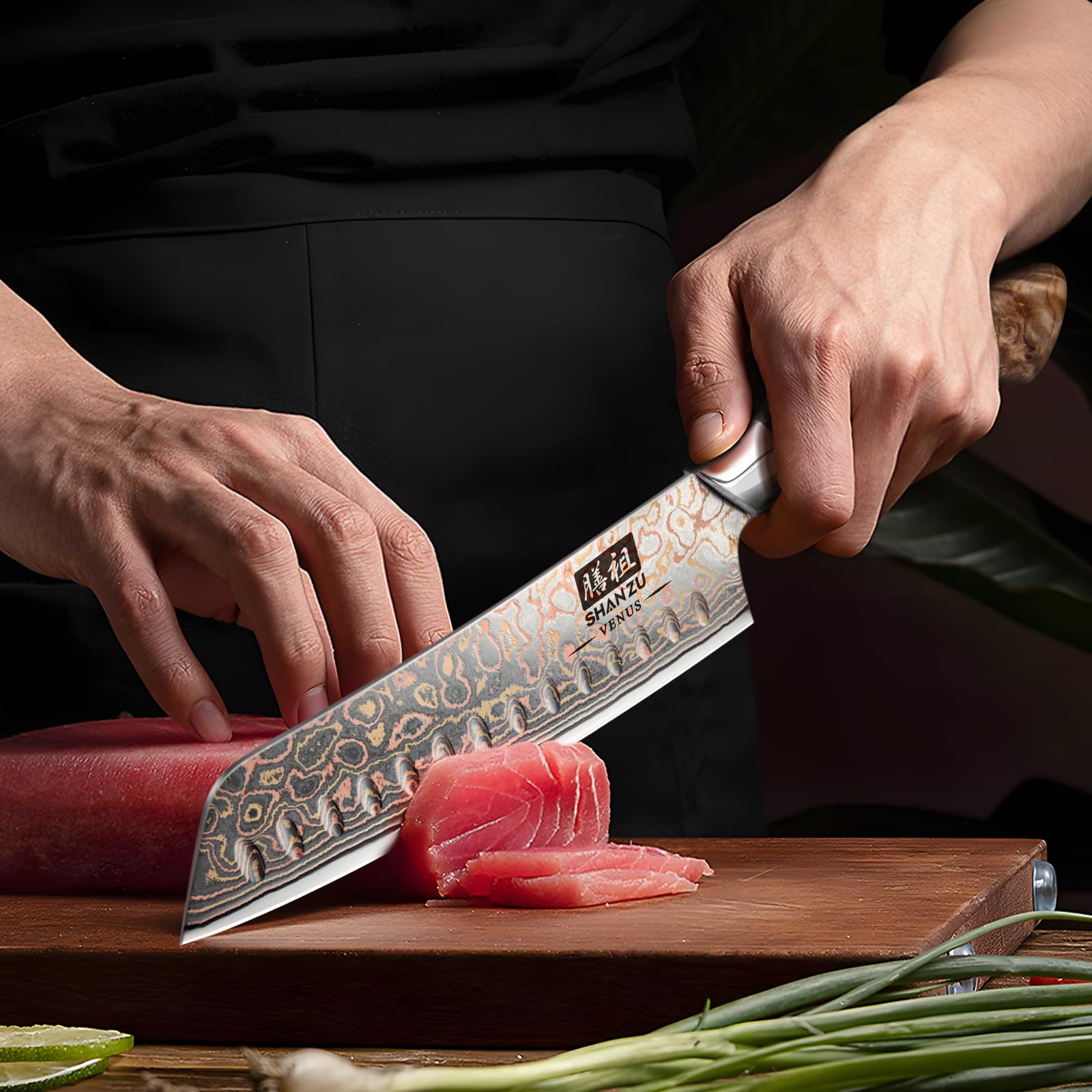 SHAN ZU Couteaux Santoku Damas 18cm, Couteau de Cuisine en Cuivre et Acier Damas 33 Couches, Couteau Japonais Santoku Professionnel Forgé à la Main avec Manche en Bois d'érable - VENUS Series