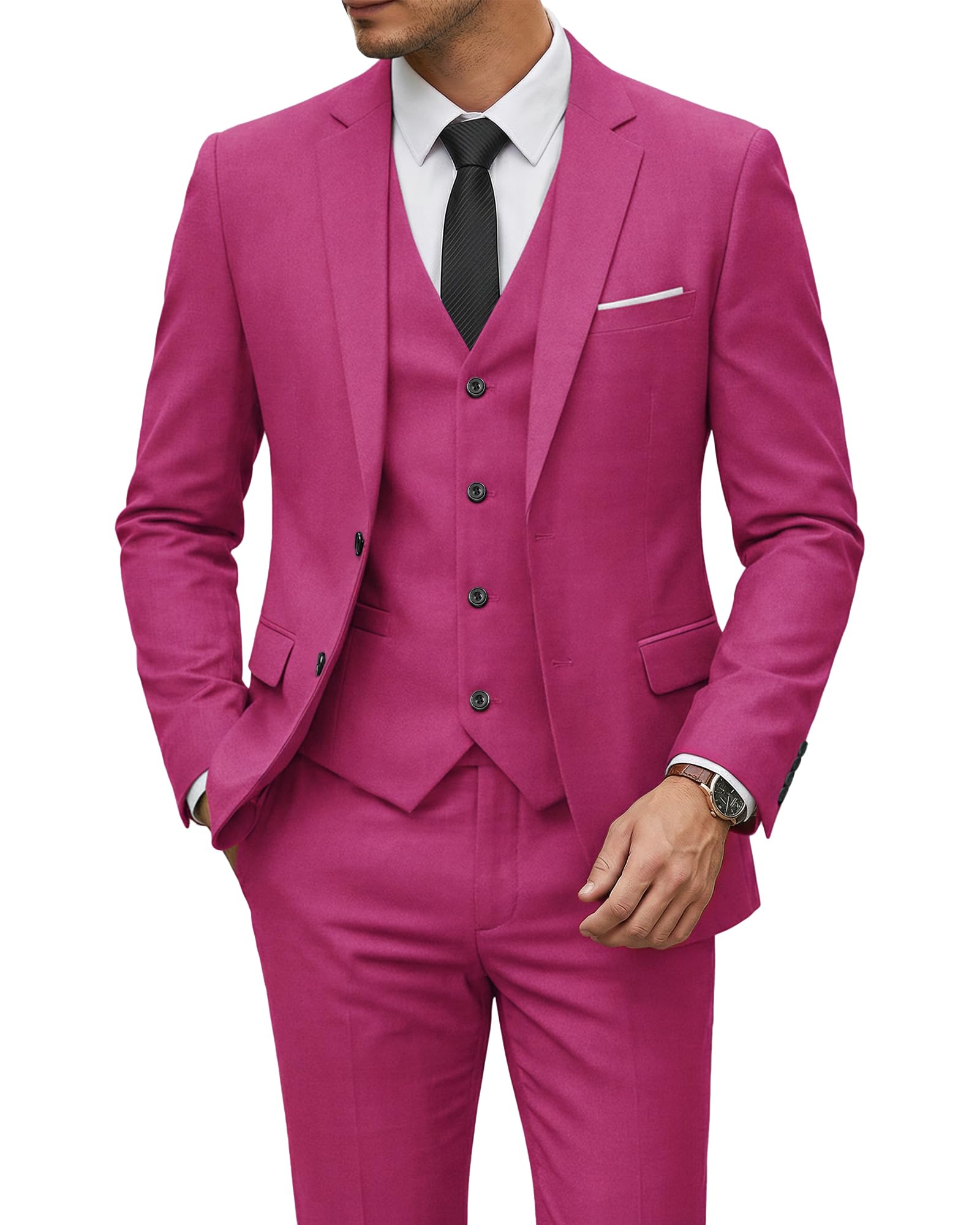 YND Men's 3 Piece Suit Set with Tie, 2 Button Slim Fit Solid Blazer Jacket Vest Pants, Business Wedding Party Suits for Men