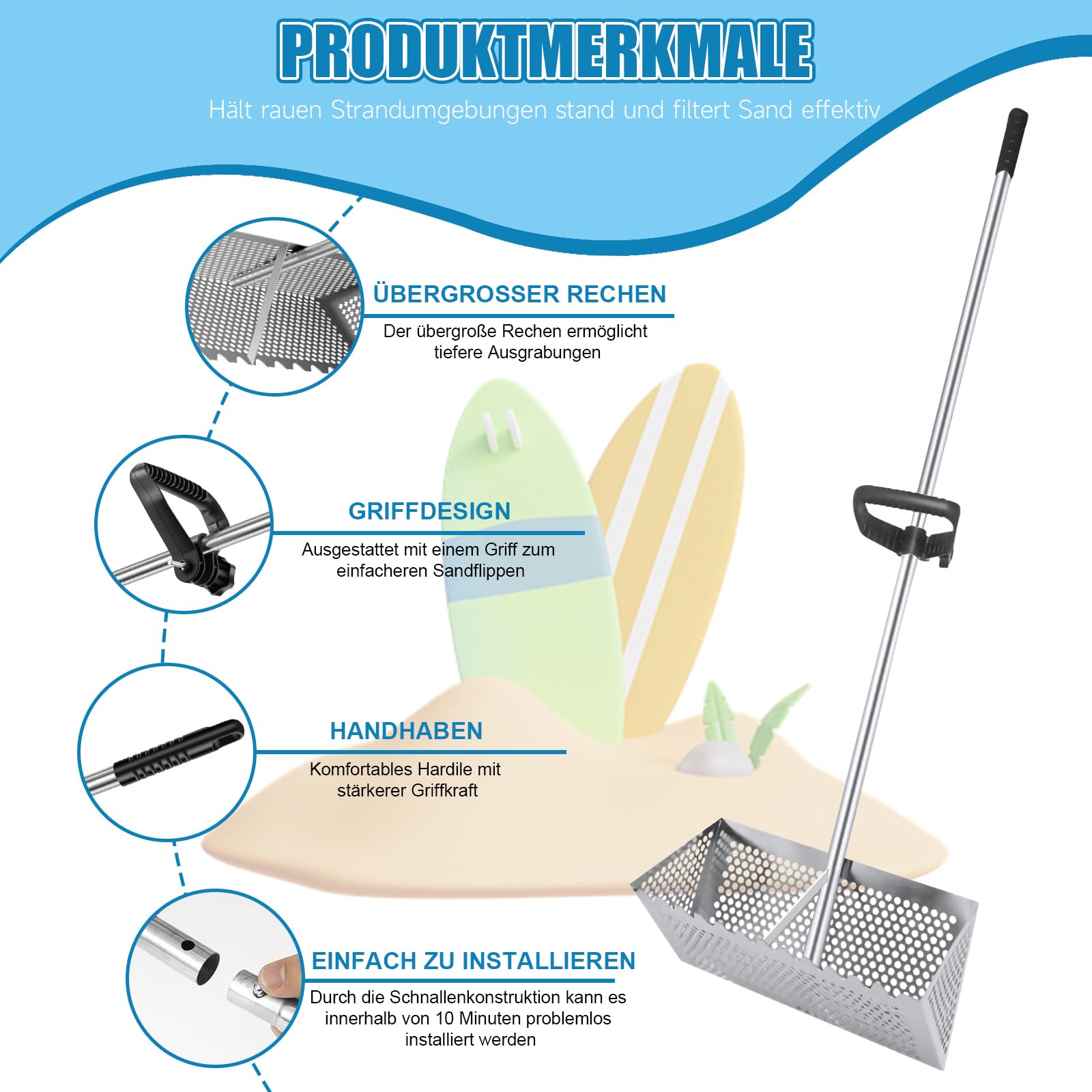 Sandflohharke Groß Edelstahl Strandsand Sieb Mit 138 cm Langem Stiel und 40 X 18 cm GroßEm Korb, Abnehmbares Strandsieb Zum Strandangeln und Auffangen des Meeres