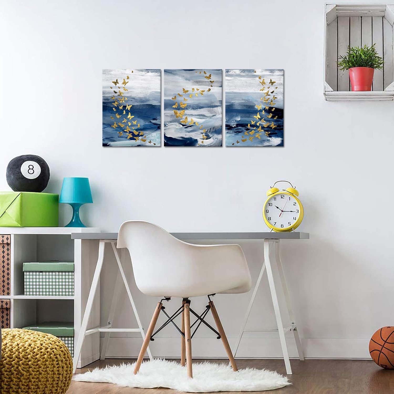 Biuteawal Abstract Canvas Wall Art for Living Room Gold Butterfly on Blue Background Painting Prints Modern Creative Artwork 3 Panels Framed Pictures Bathroom Bedroom Office Kitchen Ready to Hang