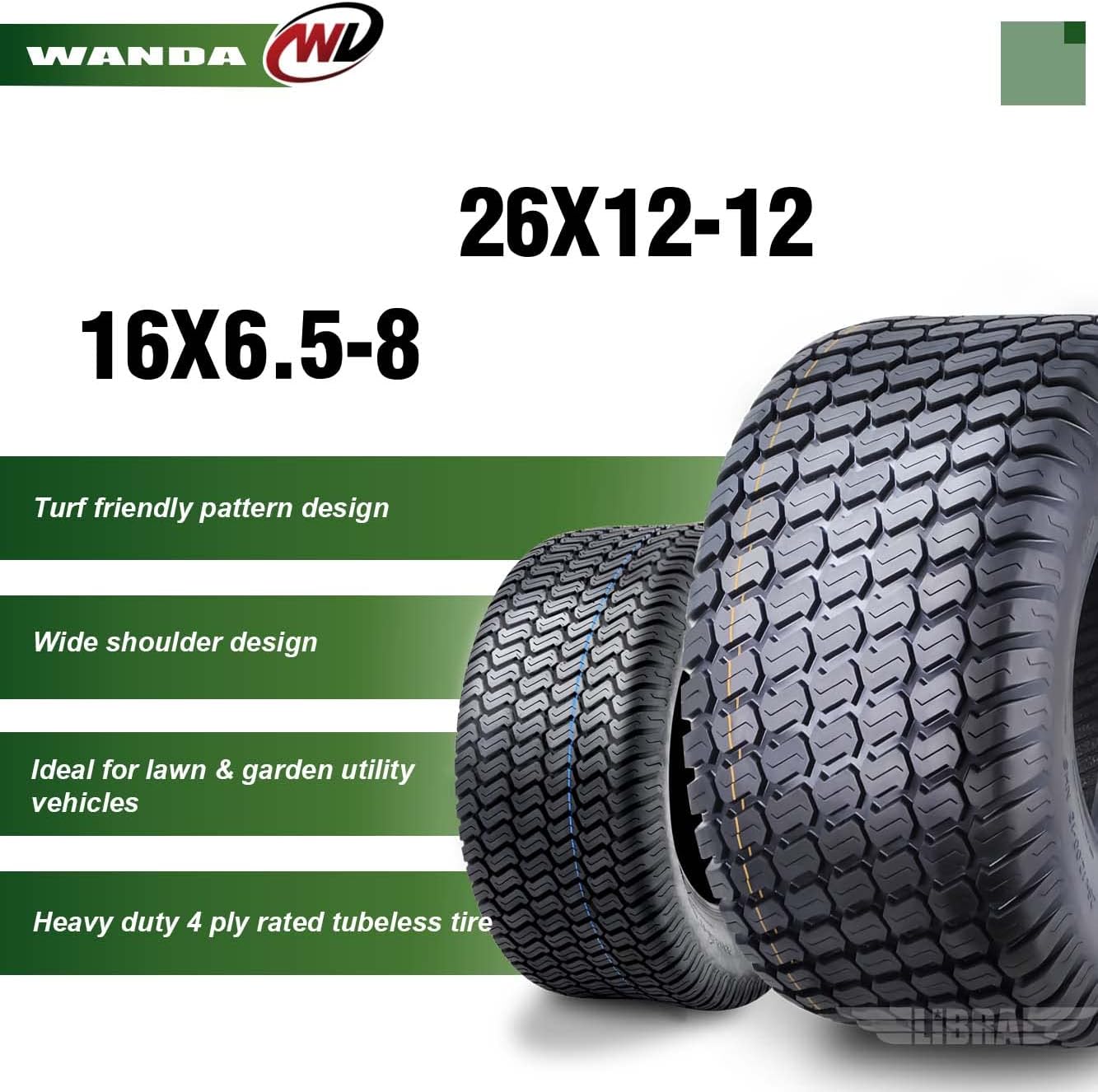 WANDA Set of 4 16X6.5-8 & 26X12-12 Lawn Mower Tractor Cart Turf Tires 4 Ply-13019/13056