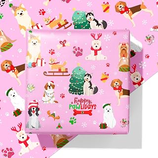 Cuitpan Dog Christmas Wrapping Paper - Pink Xmas Gift Wrap with Christmas Trees, Dog Breeds, Paw Prints & Snowflakes Design- Perfect for Kids & Adults Gift Wrapping - 40×28 Inches, 4 Folded Sheets - Amazon product rated Grade A