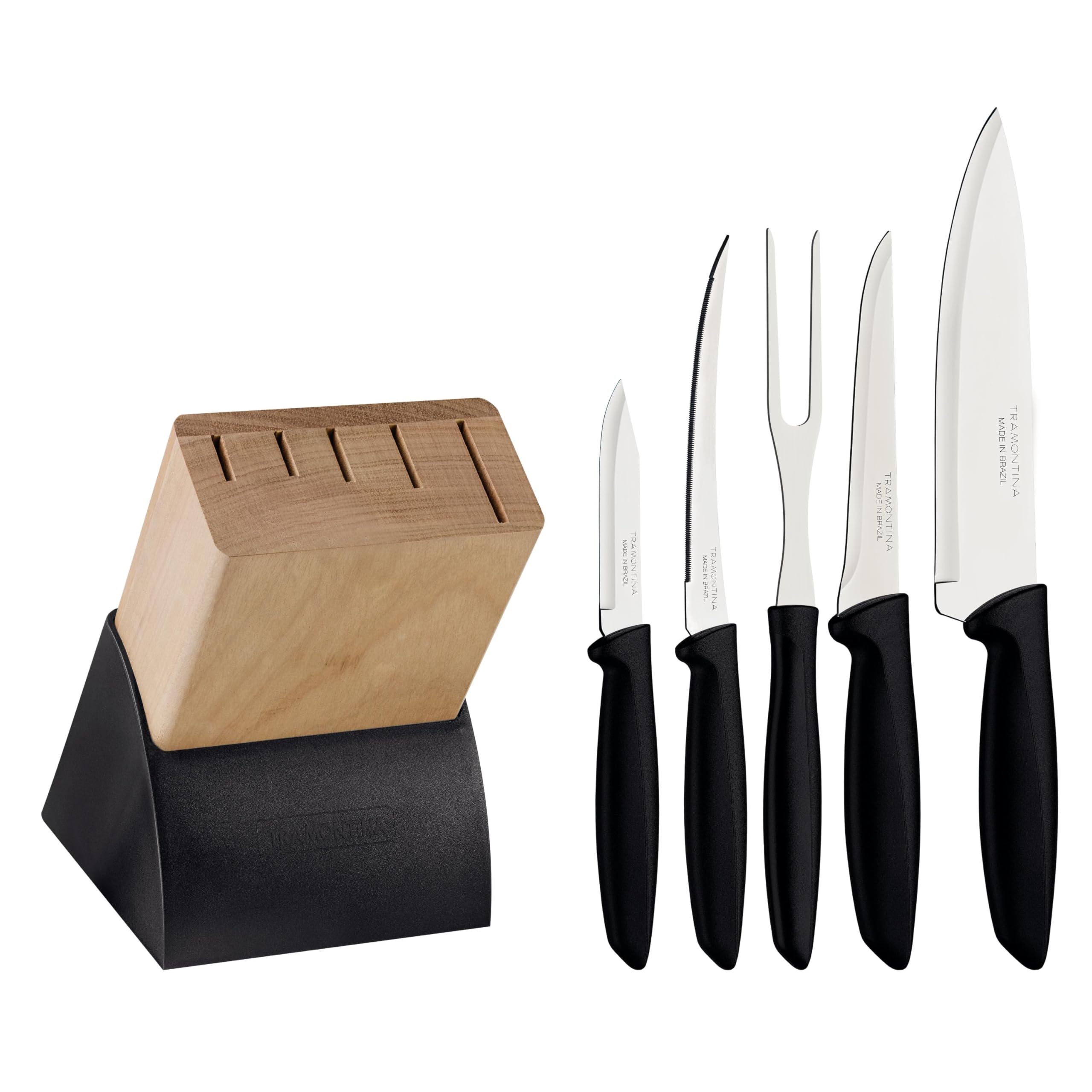 Tramontina Plenus 6 Pieces Knife and Block Set with Stainless Steel Blade Black Polypropylene Handle