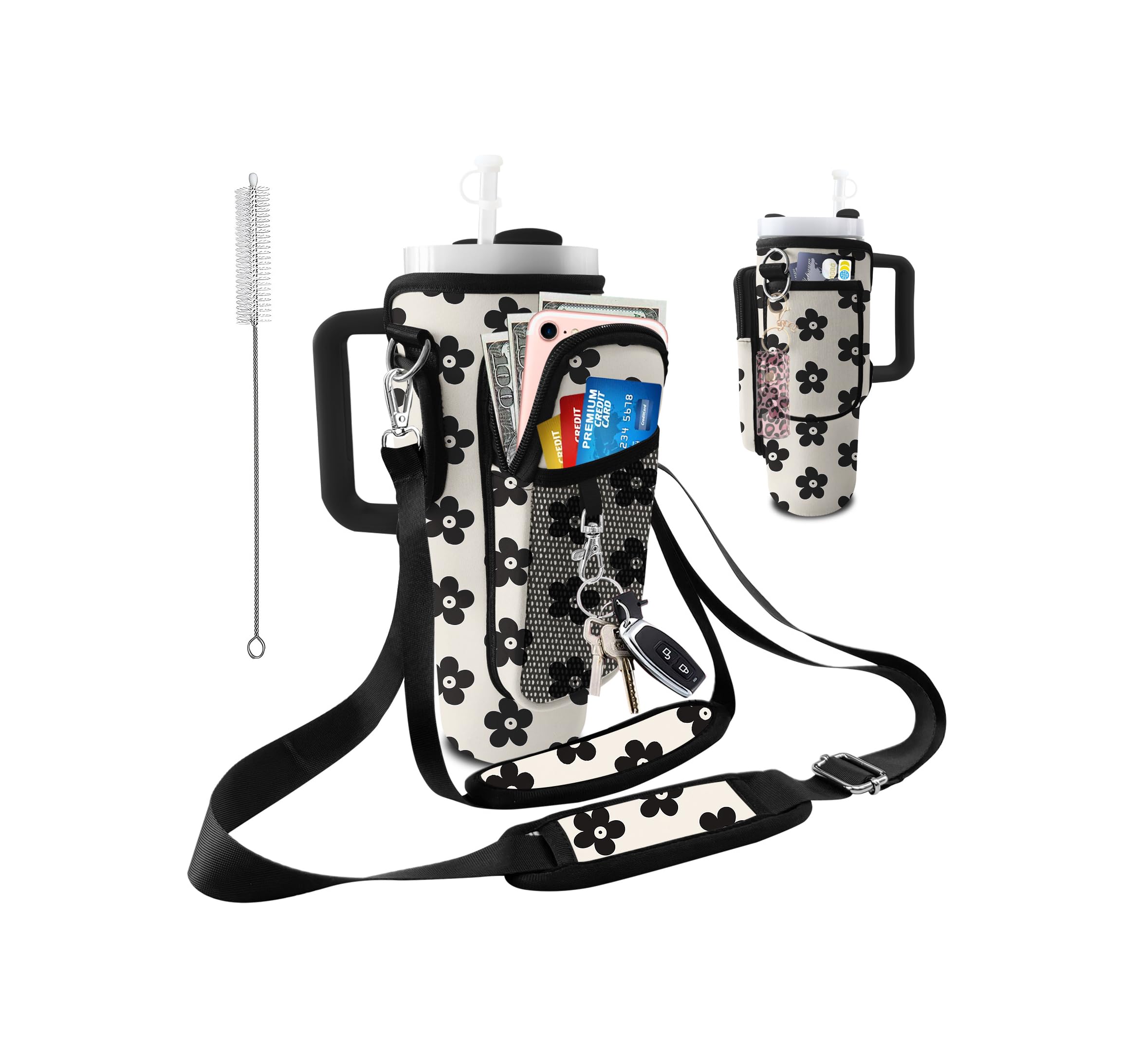 bolimoss Stanley Cup Bag Fit 40 oz Tumbler, Neoprene Water Bottle Carrier with 2 Adjustable Straps & 3 Pockets Stanley Accessories for Hiking Travelling-Vintage Groovy Flowers Black โ image 1