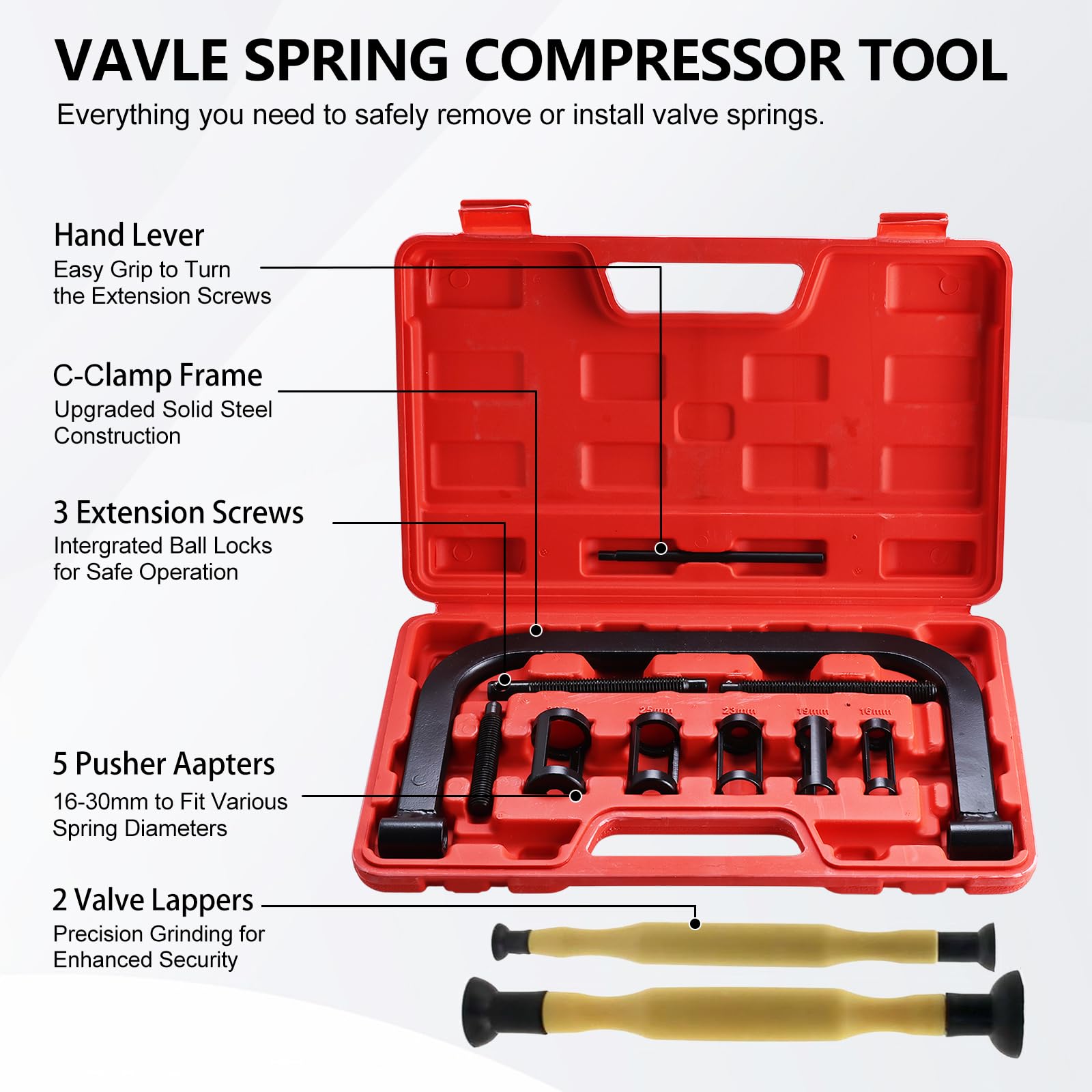 FreeTec 12 Pezzi Compressore Molle Valvole, 16-30mm Set Compressore Molle Valvole con Smerigliavalvole, Morsetto C Massiccio Attrezzo Compressore Molle della Valvola per Motore Moto Auto